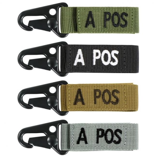 A+ BLOOD TYPE SEWN ON HOOK & LOOP WEBBING STRAP WITH QUICK RELEASE SNAPHOOK.